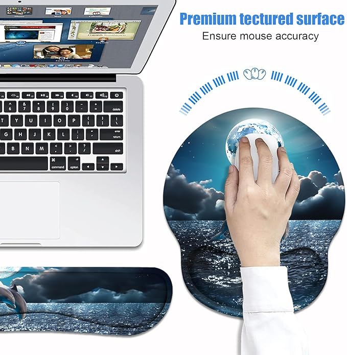 Keyboard Wrist Rest + Mouse Pad Wrist Support Set with Coasters Non-Slip PU Base Ergonomic Mousepad for Home Office Working Studying Easy Typing &amp Pain Relief Dolphin