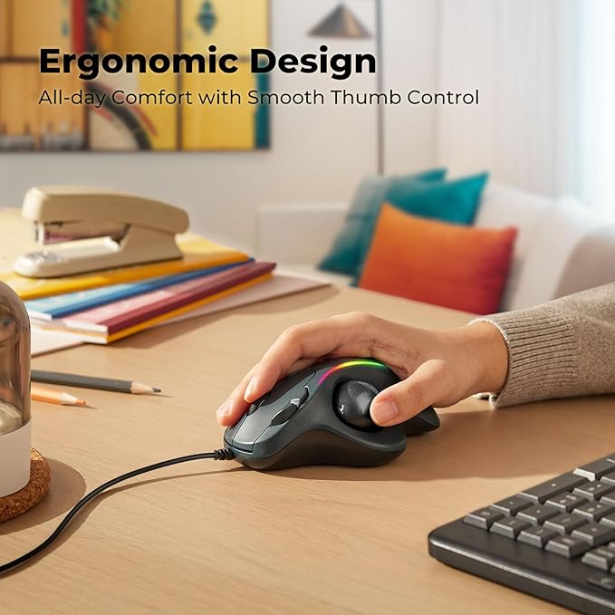 Wired Trackball Mouse with RGB Lighting Ergonomic Thumb Control to Reduce Muscle Strain 5 Adjustable DPI Dual USB-C &amp USB-A Connectivity Compatible with PC Laptop Mac Windows-Black