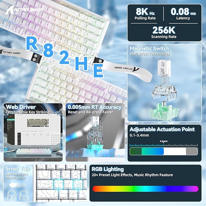 ATTACK SHARK R82HE Rapid Trigger Wired Mechanical Gaming Keyboard TKL NKRO with 8K Polling0.005mm RT Accuracy256K Scan Rate5 Layer Sound DampedHall Effect Magnetic Switch for PC Mac(White Contour)