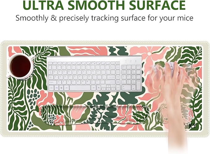 DINKY Floral Desk Mat Large Mouse Pad with Wrist Rest Desk Matt for Desktop Anti-Slip XXL Ergonomic Mousepad with Wrist Support for Keyboard and Mouse Abstract Flower Leaf