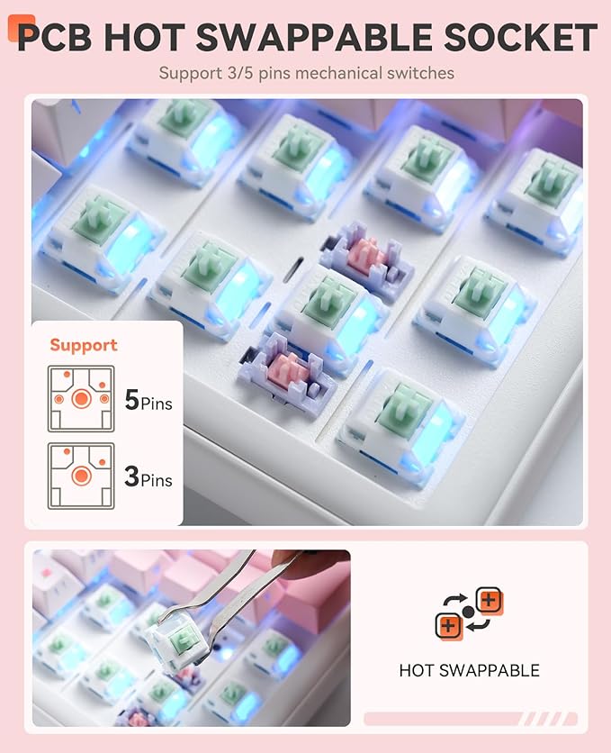 DAREU EK98pro Sakura Pink Wireless Mechanical KeyboardTri-Mode BT/2.4GHz/USB-C Creamy Gaming Keyboard with Number PadGasket StructureHot Swappable CustomRGB Backlit for Win/Mac