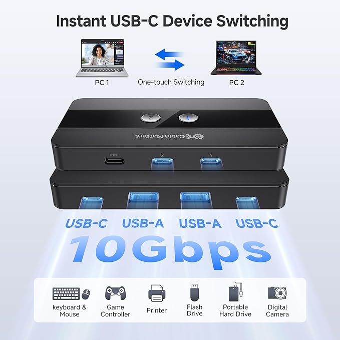 Cable Matters USB C Switch for 2 Computers with Remote Control 10Gbps Data Transfer Shares 2X USB-A and 2X USBC Peripherals (Keyboard Mouse Printer SSD) Data Only - No Video No Host Charging