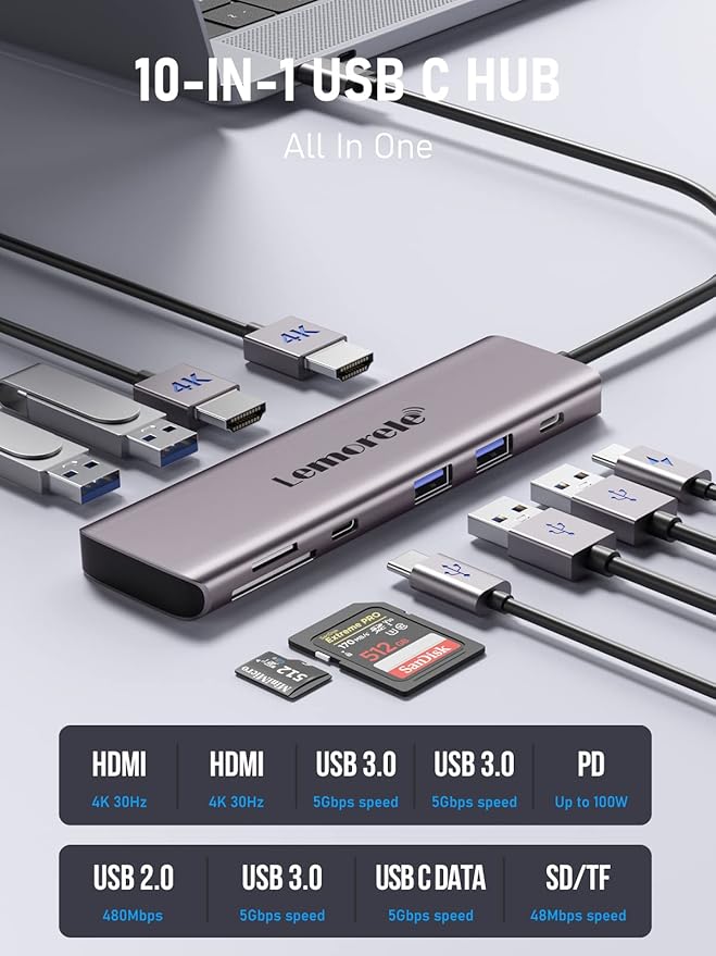 Lemorele Aluminum 10-in-1 USB C Docking Station Dual Monitor w/2 HDMI 4K 4 USB3.0/USB2.0 100W PD USB-C Data SD/TF Type-C Hub Adapter for Dell XPS 13/15 for MacBook Dell HP Lenovo Yogaetc