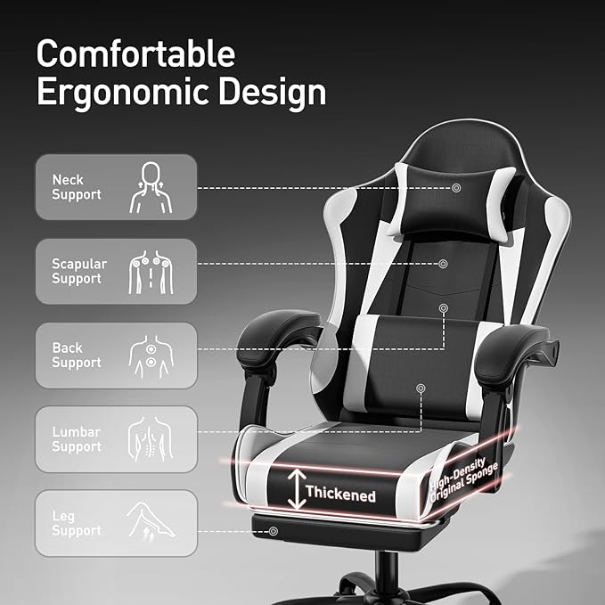 MoNiBloom Gaming Chair with Headrest &amp Lumbar Support Ergonomic Computer Racing Chair with Footrest Adjustable Hight Leather Swivel Computer Chair for Adult Teen Office or Gaming White