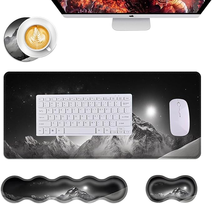 Mouse PadLarge Desk Mat Set 4in1 XL Mousepad + Keyboard Wrist Rest+Mouse Wrist Rest+Coaster with Ergonomic Desk Pad for Home Office Table Computer Cover -Snowy Mountain