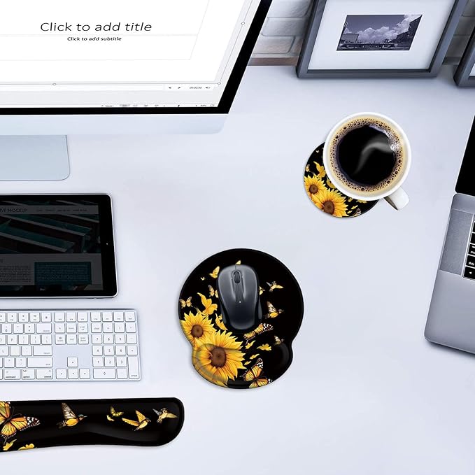 Mouse Pad Wrist Support and Keyboard Wrist Rest Pad with CoasterNon-Slip Rubber Base Ergonomic Gaming Mousepad for Home Office Working Studying Easy Typing &amp Pain ReliefBirds Sunflower Butterfly