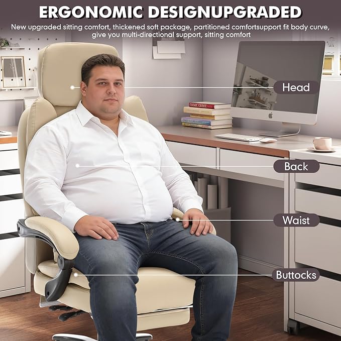 500lbs Plus Size Office Chair with Lumbar Support PU Leather Big and Tall Heavy Duty Reclining Office Desk Chair with Foot RestBeige