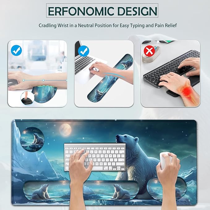 JVGFYNKL Large Gaming Mouse Pad Set Ergonomic Memory Foam Keyboard Wrist Rest Support + Mouse Wrist Rest + Extended Desk Mat with Non-Slip Rubber Base Cute Polar Bear Pattern Desk Pad