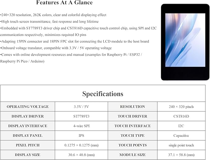 2inch IPS Touch Screen Compatible with Raspberry Pi 5/4B/3B+/3B/Pi Zero/Zero W/Pi Zero 2W/Pico/Pico W/Pico 2/Pico 2W/ ESP32 240x320 Resolution Capacitive Touch LCD Display I2C SPI Interface