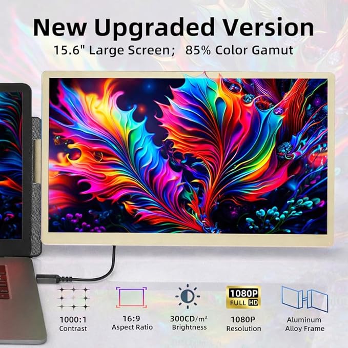 ROYY Laptop Screen Extender Double Monitor - 15.6 Detachable Portable Computer Monitor FHD 1080P IPS 235 Degrees Rotation Extra Screen Compatible with Mac Wins Dex Chrome Fits 13-17 Laptop