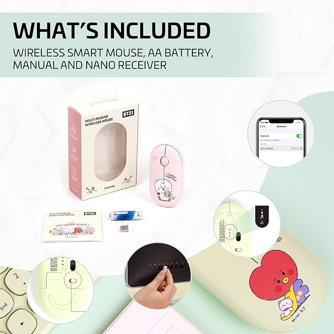 BTS Inspired Characters Multi Pairing Wireless Mouse Little Buddy Baby Better Together Edition All in Their Own Cute Style &amp Colors (RJ)