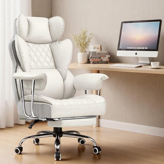 COMHOMA Big and Tall Office Chair High Back Leather Gaming Chair with Footrest Executive Ergonomic Office Chairs with Pocket Spring Lumbar Support and with Outward Fixed Soft Armrests