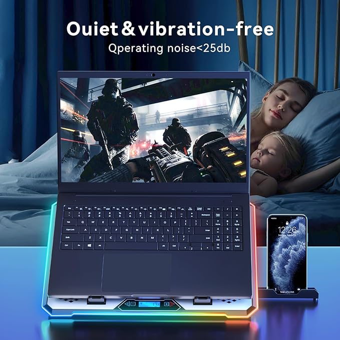 Aluminum Alloy RGB Gaming Laptop Cooler with 6 Fans and LCD Screen - 10 RGB Modes Memory Function 4 USB Ports 3.0 and 2.0 Hub 9 Height Adjustable for 10 to 21 Inch Laptops on Desk or Lap