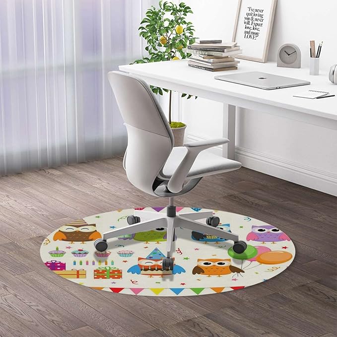 Pink Blue PU Leather Chair Mat for Hardwood &amp Tile Floor Cartoon Birthday Party Owl Desk Chair Mat Large Anti-Slip Floor Protector for Home Office Birthday Party Diameter 47.2 in