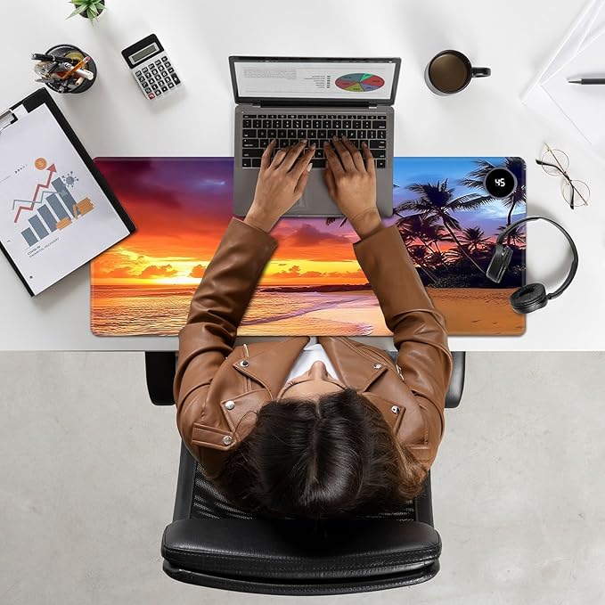 Heated Mouse Pad Hand Warmer Warm Desk Pad Mousepad Desk Mat with 3 Levels Heating and Auto Shut Down 31.5 x 13 inch PU Leather Warmer Keyboard Mat for Gaming Laptop Office Home Sunset Beach