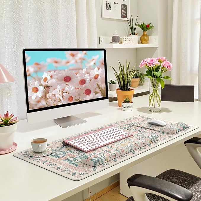 iLeadon Pink Desk Mat Set Cute Non-Slip Mouse and Keyboard Pad Mat for Desk Ergonomic Desk Mouse Pad Extra Large Floral Teacher Desk Mat with Wrist Rest for Women Home Office