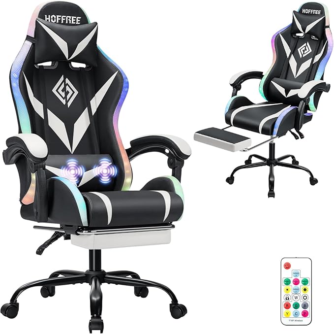 HOFFREE Gaming Chair with LED RGB Lights Massage Ergonomic Video Game Chairs with Footrest High Back Reclining Computer Chair with Adjustable Lumbar Support White and Black