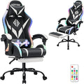 HOFFREE Gaming Chair with LED RGB Lights Massage Ergonomic Video Game Chairs with Footrest High Back Reclining Computer Chair with Adjustable Lumbar Support White and Black
