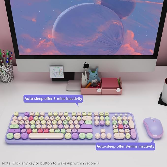 Wireless Typewriter Keyboard and Mouse - Wireless Keyboard with Silent Mouse Cute Retro Keyboard Mouse Combo 2.4G USB Computer Keyboard and Mouse for Windows Laptop/Desktop/PC(Purple)