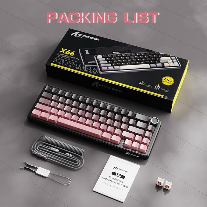 ATTACK SHARK X66 60% Wireless Mechanical Gaming Keyboard with KnobGasket Hot Swappable Custom KeyboardSide Printed PBT KeycapsTri Mode USB-C/BT5.0/2.4G RGB Keyboard with Coiled Cable - BlackBerry