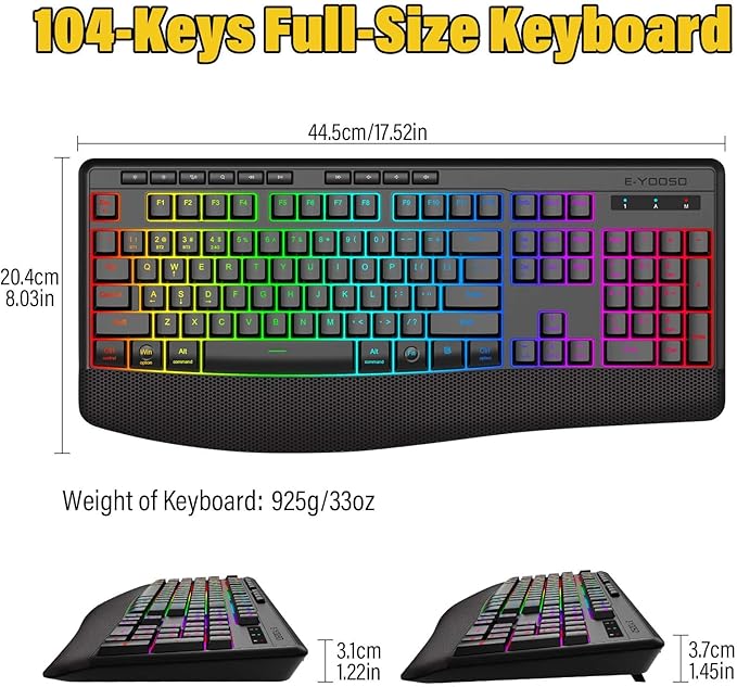 Wireless Bluethooth Gaming Keyboard8 RGB Backlit light upSilent Touch Less Noise 95%Ergonomic Wrist RestUSB C RechargeableTri-mode BT5.0/2.4GHz/WiredFor PC Computer/Mac/Laptop/IPad/Xbox/PS5