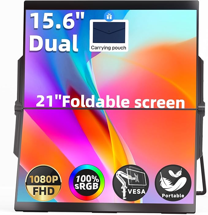 Ingnok Dual Portable Monitor15.6inch FHD 1080P Screen with USB-C mini HDMI Foldable Screen DesignPortable Dual Monitor Compatible with Windows/Mac Easy Setup for Work