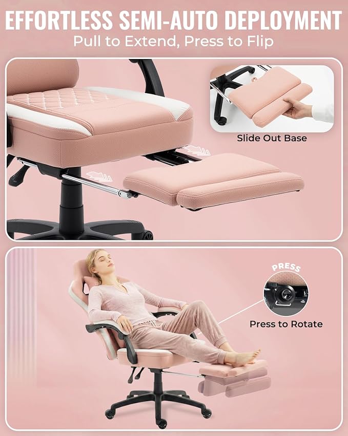 Dowinx Gaming Chair Breathable Fabric Game Chair with Gel Pad and Storage Bag Comfortable Gamer Chair with Pocket Spring Cushion Ergonomic Computer Chair with Footrest Pink and White