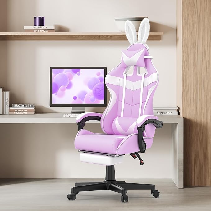 Huracan Gaming Computer Chair with Footrest Adjustable Video Game Chairs for Adults Heavy Duty Office Chair with Headrest and Lumbar Support Light Purple