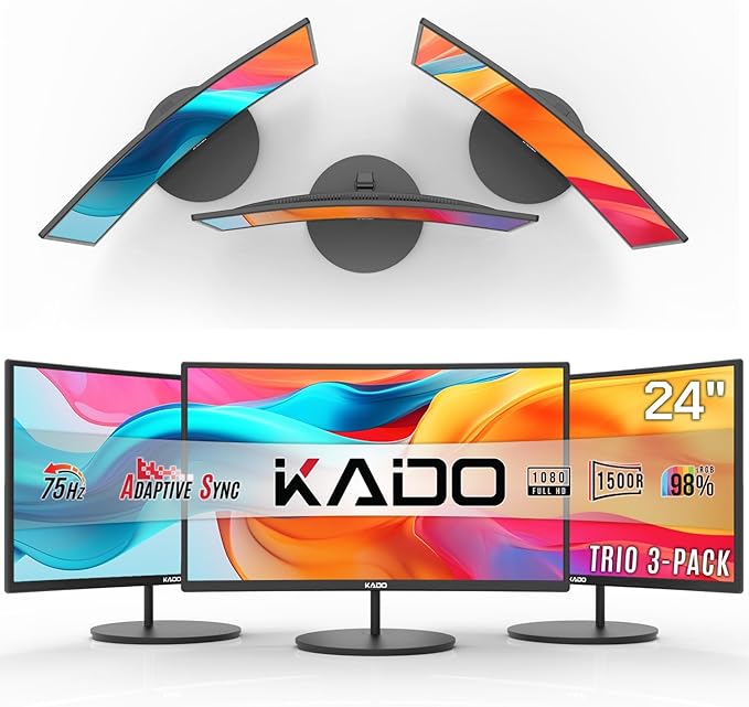 Kado Triple Monitor Setup - 3-Pack 24 1920x1080 Curved Computer Monitor 1500R 75Hz VESA Mount HDMI Office Gaming Hybrid Sim Racing Built-in Speakers (C24 Trio Series)