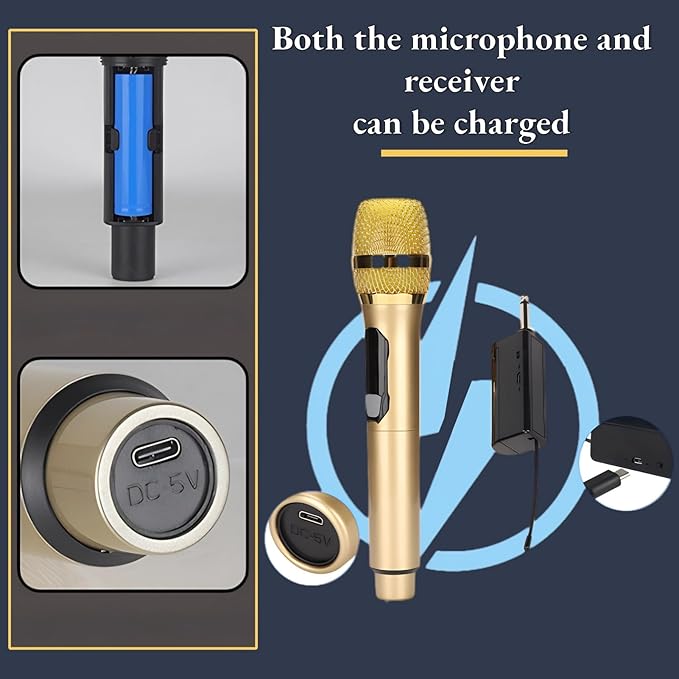 Cuifati Cordless Microphone Dual Digital DynamicMicrophone with Receiver 50m Range 3.5mm AdapterMicrophone with Smart LED Display for Singing Karaoke Meeting Wedding (Gold)