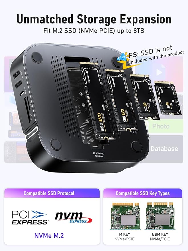 Lemorele 9-in-1 Mac mini M4 Dock Dual 4K@60Hz HDMI 2.0 &amp DP 1.4 10Gbps M.2 NVMe Slot 10Gbps USB-C &amp USB-A 2X USB-A 3.0 SD/TF 2.0 Card Reader Compatible with Mac mini M4/M4 Pro