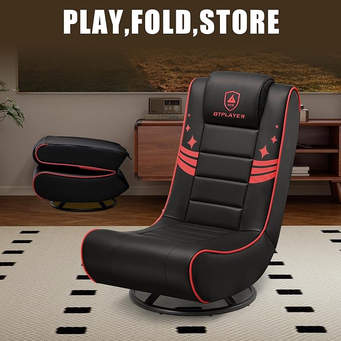 GTPLAYER Floor Gaming Chair Foldable Swivel Floor Chairs for Kids Boys Comfy Video Game Seat with 360° Multipurpose for Gamers Bedroom or Game Room (Black-Red)