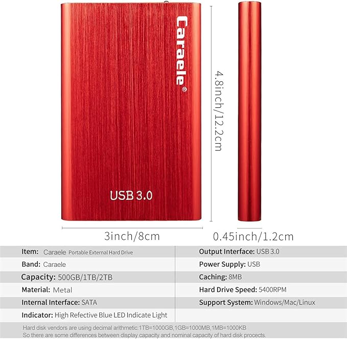 Portable SATA External Hard Drive HDD 500GB USB3.0 Ulra-Fast File Transfers (500GB Red)