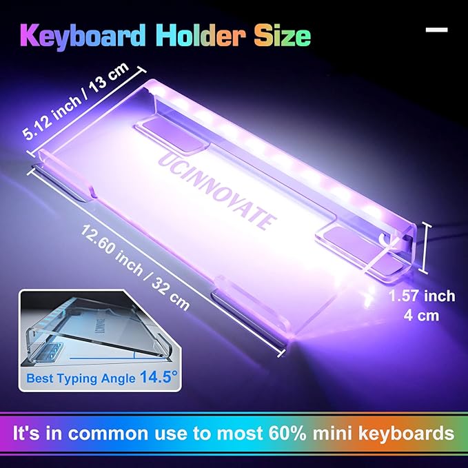 UCINNOVATE RGB Acrylic Computer Keyboard Stand Mini LED Backlit Tray 60% Gaming USB Interface Tilted for Easy Ergonomic Typing and Working Office Desk Home