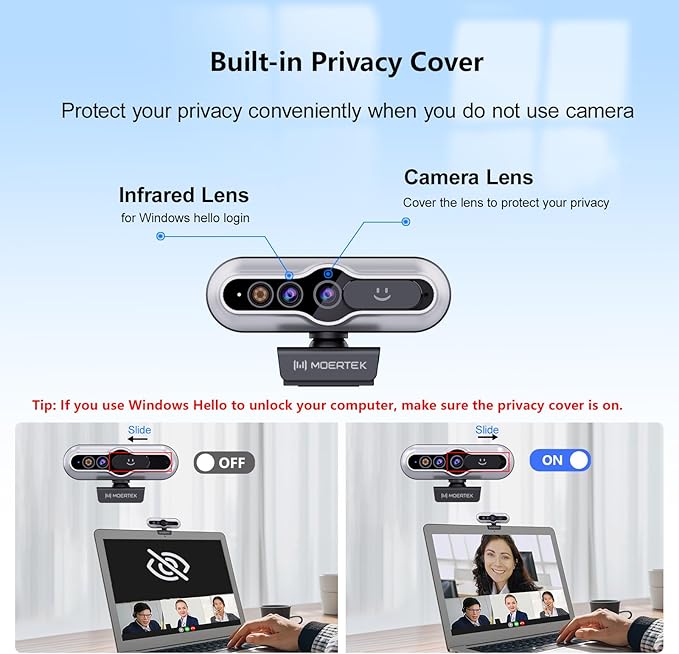 2K HD Webcam with Infrared Windows Hello Facial Recognition Computer Camera Privacy Cover Noise Canceling Microphones Laptop Webcam For Video Conferencing Live Streaming Online Learning