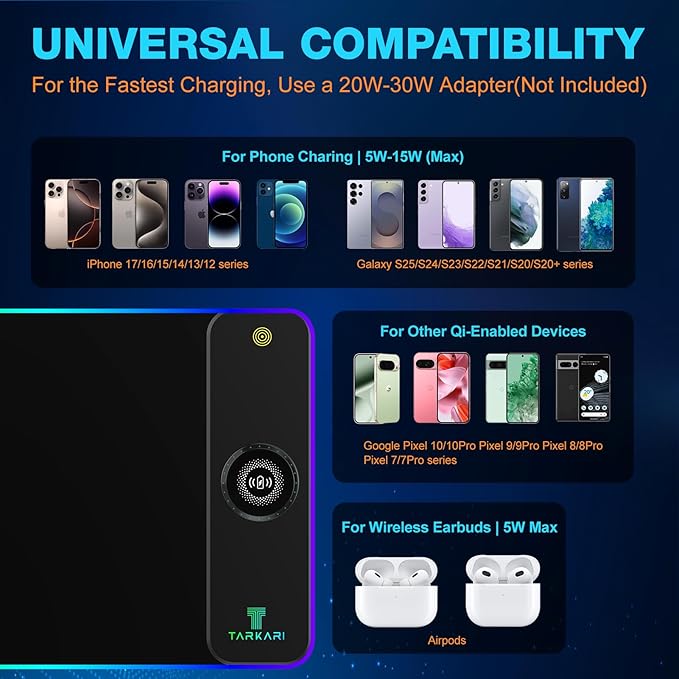 TARKARI Magnetic Wireless Charging RGB Mouse Pad Large Gaming Desk Mat 31.5x11.8 Waterproof Mousepad Ultra-Smooth Surface Non-Slip Rubber Base Desk Pad for Keyboard Laptop