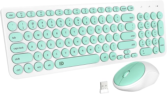 FD Wireless Keyboard and Mouse Combo - 2.4GHz USB Cordless Cute Round Keys Quiet and Slim Set for Laptop Computer TV and Mac - Mint Green &amp White
