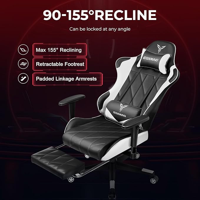 Gaming Chair Big and Tall Video Game Chair with High Back PU Leather Home Office Ergonomic Computer Chair with Footrest Adjustable Height 360° Swivel Wheels for Adults and Teens (White)