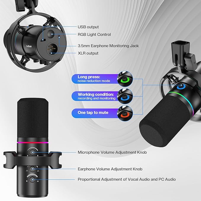 XLR USB Dynamic Microphone with RGB Light Volume Control Mute Button 3.5mm Headphone Jack. Compatible with Mixers Sound Cards PC MAC PS4 PS5 (Microphone with Boom Arm)