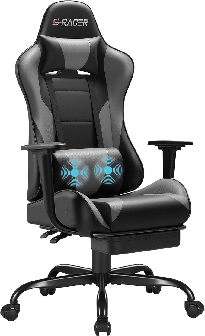 Homall Gaming Chairs Computer Chair with Footrest and Massage Lumbar Support Height Adjustable Game Chair with Headrest and Swivel Seat (Light Grey)
