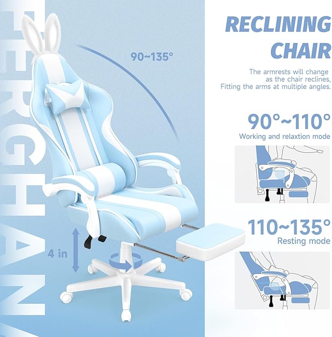 Ferghana Kawaii Bunny Ears Gaming Chair Cute Gamer Chair with Footrest and Massage Leather Ergonomic Computer Game Chairs for Girls Adults Teens Kids Light Blue
