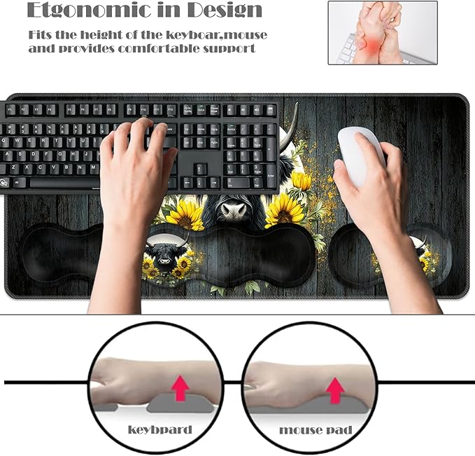 Ergonomic Keyboard Wrist Rest &amp Mouse Pad Wrist Rest SetXL Gaming Desk Mat 31.5x 11.8Non-Slip BaseMemory FoamEasy Typing Pain Relief for Office &amp HomeHighland Cow Sunflowers