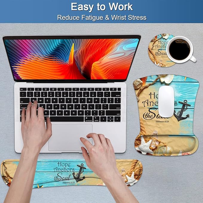 Keyboard Wrist Rest and Mouse Pad Wrist Support Set with Coasters Non-Slip PU Base Ergonomic Gaming Mousepad for Home Office Working Studying Easy Typing &amp Pain Relief Bible Verses Hebrews 6:19