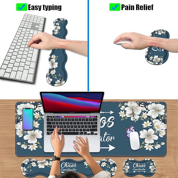 4 in 1 Ergonomic Keyboard Wrist Rest &amp Mouse Pad Wrist Rest Set Large XXL Gaming Desk Mat 31.5x 11.8 with Non-Slip Base Memory Foam for Home Office Study Gaming Floral Quote Chaos Coordinator