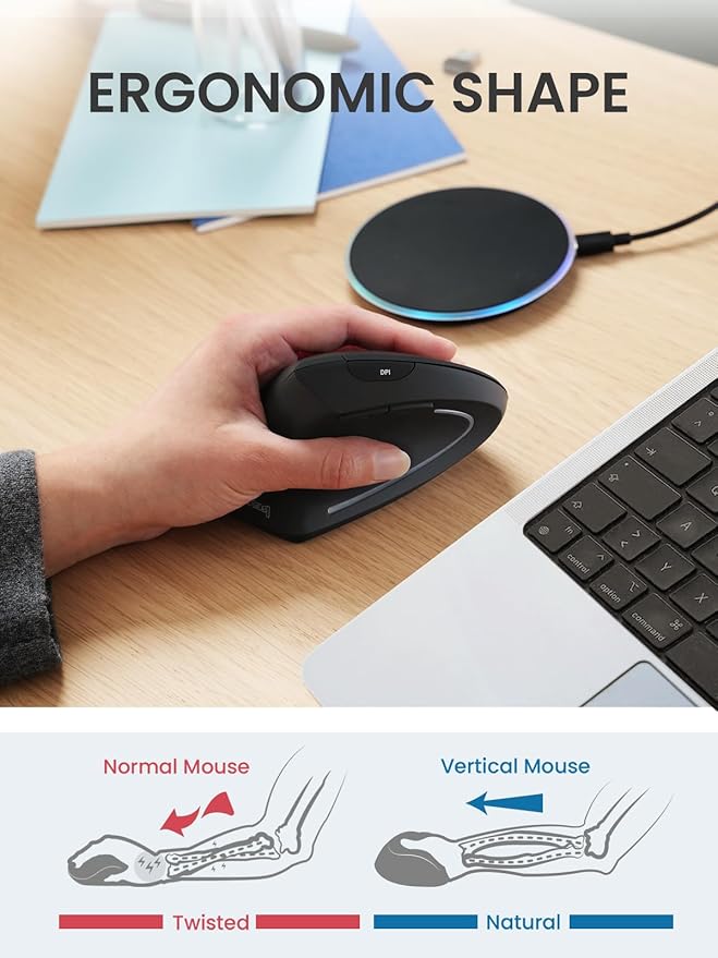 Perixx PERIMICE-713LR - Left Handed Cordless Rechargeable Vertical Mouse - Duo Wired and Wireless Charging Feature - 6 Buttons Design - Left Handed
