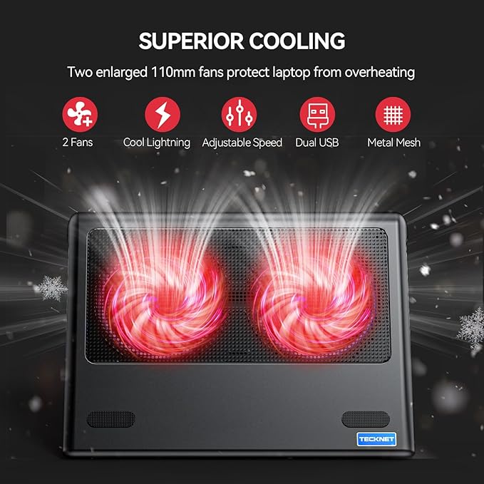 TECKNET Laptop Cooling Pad - 12-15.6 Laptops Cooler Powerful Cooler and Ultra Quiet for Gaming Laptops Pad 2 Wind Speed Adjustable USB A &amp C Powered Cooler Stand with Laptop Fan LED (Red)