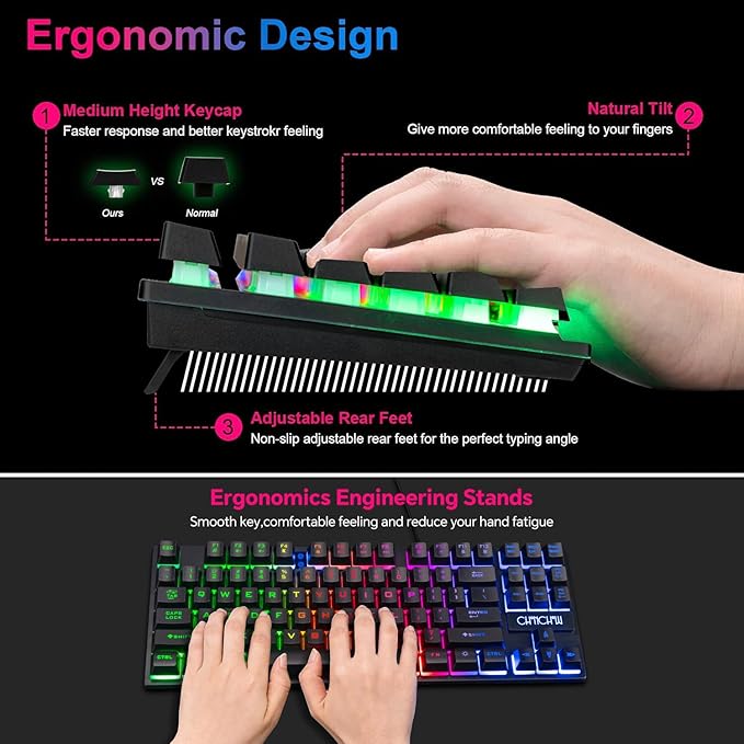 CHONCHOW 87 Keys TKL Gaming Keyboard and Mouse Combo Wired LED Rainbow Backlit Keyboard 800-3200 DPI RGB Mouse Gaming for PS4 Xbox PC Laptop Mac