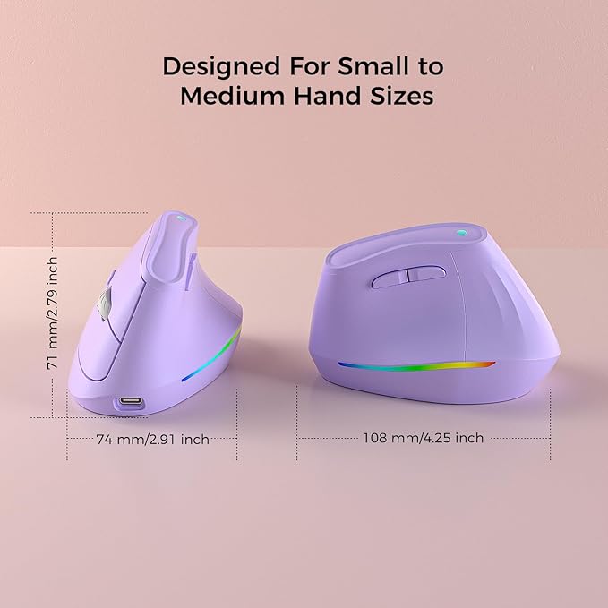 KYSONA 57° Wireless Ergonomic Mouse Vertical Mouse Carpal Tunnel Mouse RGB Light Rechargeable Bluetooth &amp 2.4G 5-level DPI Adjustment Quiet Click Ergo Mice Compatible with PC/Laptop/Mac Pu