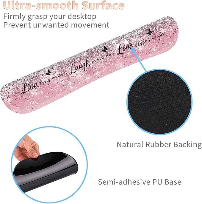 Keyboard Wrist Rest and Mouse Pad Wrist Support Set with CoastersErgonomic Gaming Mousepad for Home Office Working Studying Easy Typing &amp Pain ReliefLive Love Laugh Quote Pink Sparkle Glitter