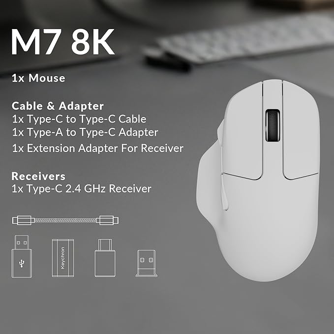 Keychron M7 8K Wireless Mouse 30K DPI Optical Computer Mice 2.4 GHz/Bluetooth/Wired with Macro Button 66g Lightweight Ergonomic Up to 140 Hours Worktime for Laptop macOS/Windows - White